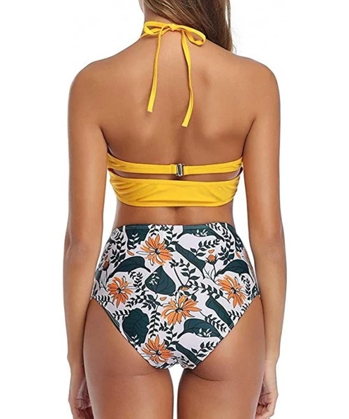 Sets High Waisted Bikini Swimsuit for Women Two Piece Bathing Suit Criss Cross Top Boyshort Bottom Bikini Set - Yellow - CP19...