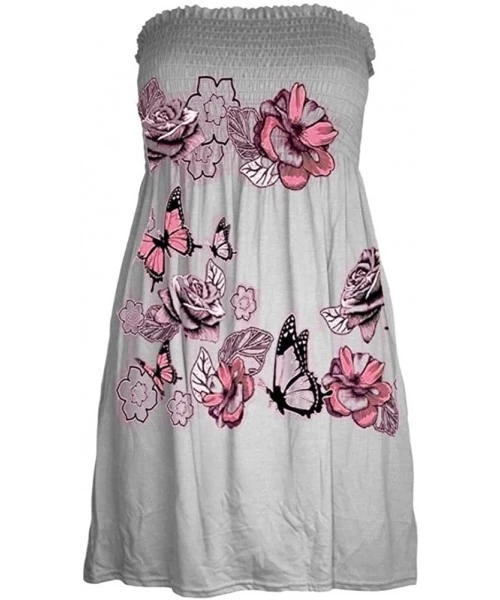 Cover-Ups Ladies Butterfly Floral Bandeau Boobtube Sheering Flared Mini Dress Top US Size 4-20 - Grey - CZ18DU6MYEO