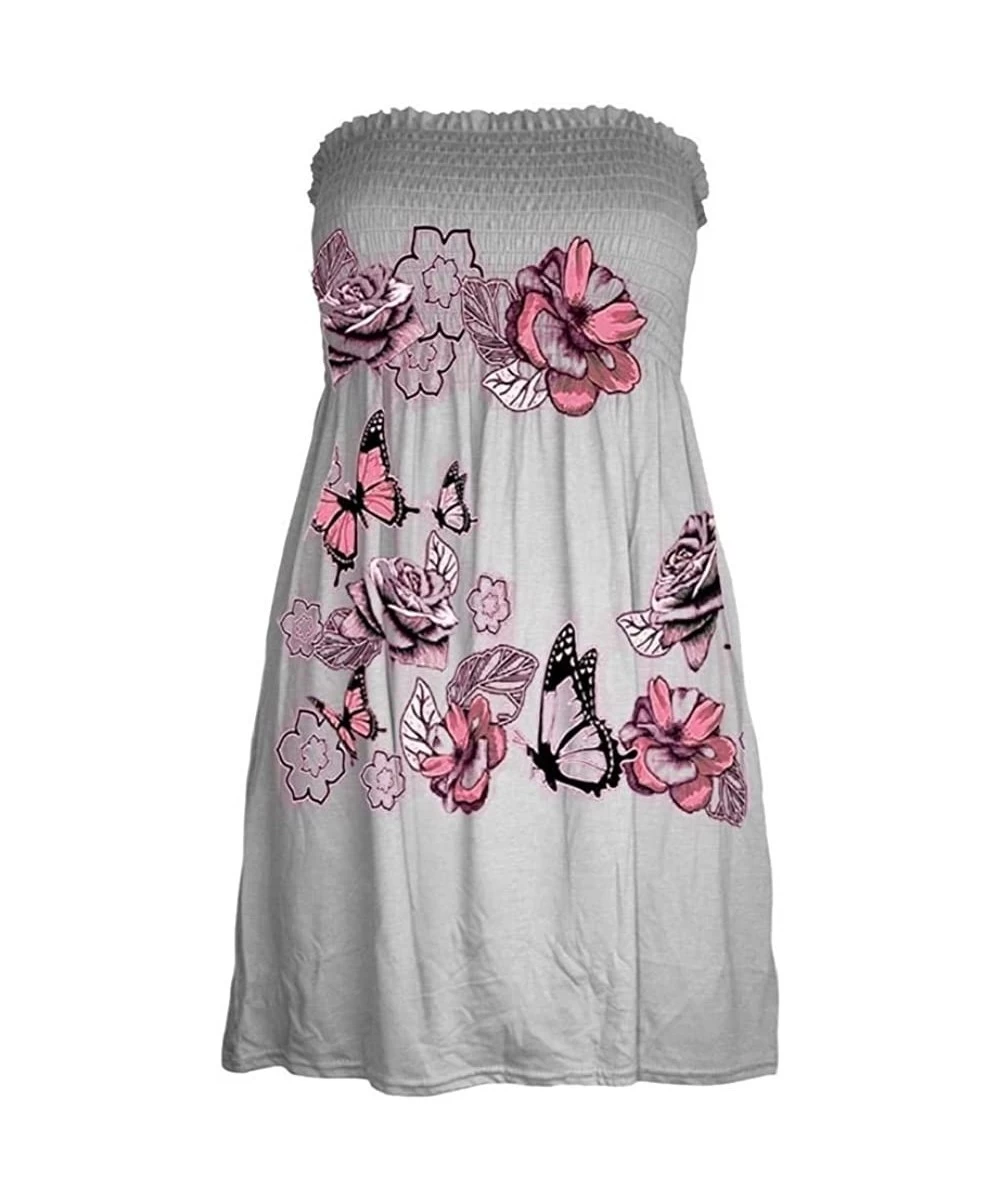 Cover-Ups Ladies Butterfly Floral Bandeau Boobtube Sheering Flared Mini Dress Top US Size 4-20 - Grey - CZ18DU6MYEO