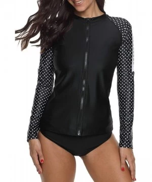 Rash Guards Women's Rashguard Swimsuit Zip Front Sun Protection Swim Shirt UPF 50+ - Black Polka Dot - C318OZZCEUG