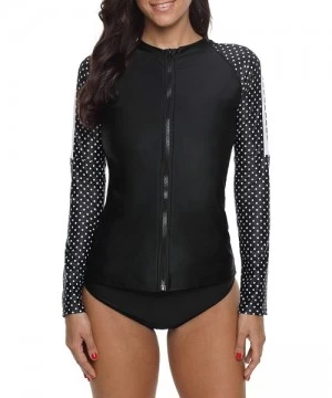 Rash Guards Women's Rashguard Swimsuit Zip Front Sun Protection Swim Shirt UPF 50+ - Black Polka Dot - C318OZZCEUG