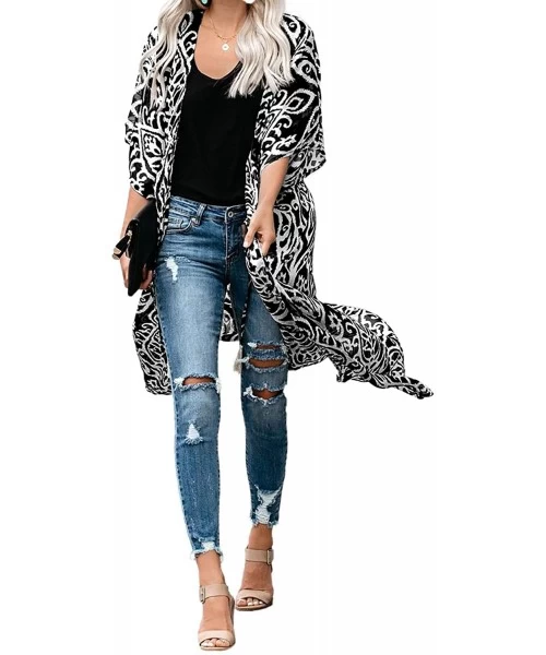 Cover-Ups Womens Fashion Print Kimono Tassel Casual Cardigan Loose Cover up - Black 471 - CL197Z88LHD