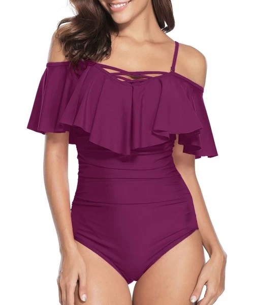 One-Pieces Sexy One Piece Swimsuit for Women Tummy Control Off Shoulder Flounce Ruffle Bathing Suit - Magenta - CV18WWIQXXO