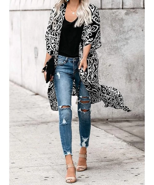 Cover-Ups Womens Fashion Print Kimono Tassel Casual Cardigan Loose Cover up - Black 471 - CL197Z88LHD