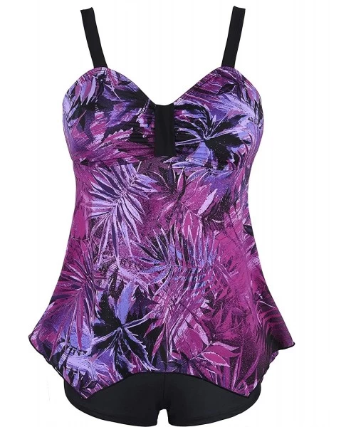 Sets Women's Floral Print Tankini Set Two Piece Swimsuit with Boyshort Bathing Suit - Purple Leaf - CK18QMW2LQA