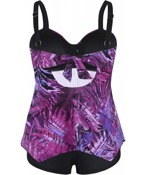 Sets Women's Floral Print Tankini Set Two Piece Swimsuit with Boyshort Bathing Suit - Purple Leaf - CK18QMW2LQA