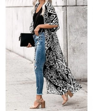 Cover-Ups Womens Fashion Print Kimono Tassel Casual Cardigan Loose Cover up - Black 471 - CL197Z88LHD