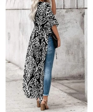 Cover-Ups Womens Fashion Print Kimono Tassel Casual Cardigan Loose Cover up - Black 471 - CL197Z88LHD