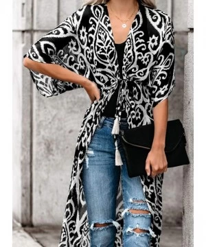 Cover-Ups Womens Fashion Print Kimono Tassel Casual Cardigan Loose Cover up - Black 471 - CL197Z88LHD