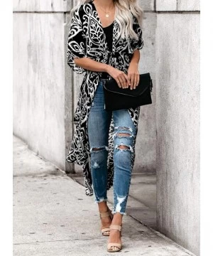 Cover-Ups Womens Fashion Print Kimono Tassel Casual Cardigan Loose Cover up - Black 471 - CL197Z88LHD