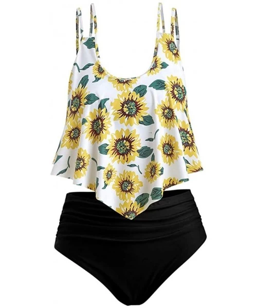 Sets Sunflower Tankini Swimsuits- High Waisted Swim Bottom with Ruffle Bandeau Top Beach Bikini Hot Boho Swimwear Only Left -...