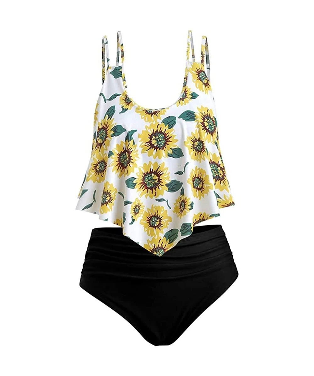 Sets Sunflower Tankini Swimsuits- High Waisted Swim Bottom with Ruffle Bandeau Top Beach Bikini Hot Boho Swimwear Only Left -...