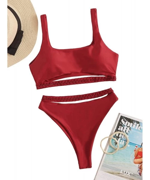 Sets Women's Sexy 2 Piece Bathing Suit Cut Out High Waist Bikini Set - Red-1 - CX197M0IZCH