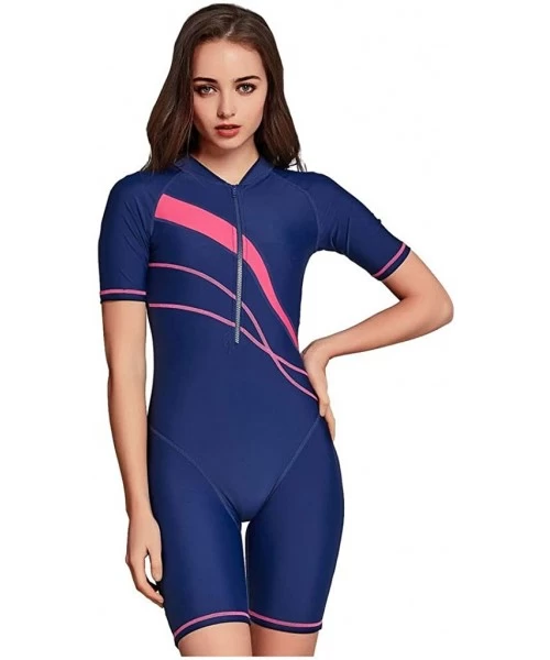 Tankinis Women Boyleg One Piece Short Sleeve Padded Swimsuit Racerback Unitard Surfing Slilm Rashguard UPF 50+ Swimsuit Blue ...