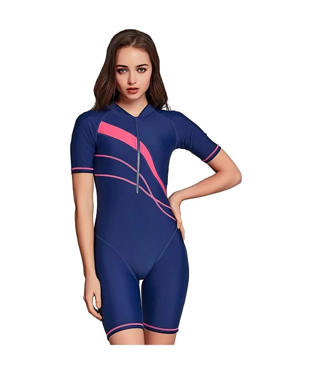 Tankinis Women Boyleg One Piece Short Sleeve Padded Swimsuit Racerback Unitard Surfing Slilm Rashguard UPF 50+ Swimsuit Blue ...