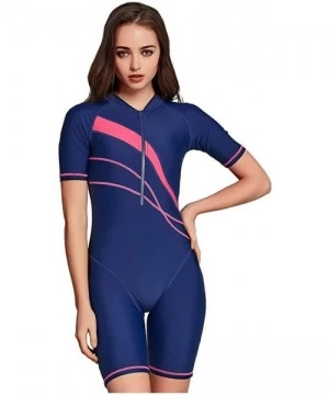 Tankinis Women Boyleg One Piece Short Sleeve Padded Swimsuit Racerback Unitard Surfing Slilm Rashguard UPF 50+ Swimsuit Blue ...