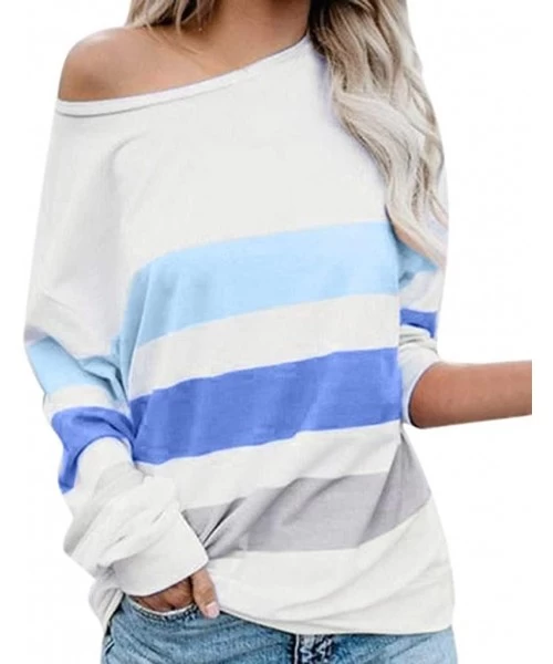 Cover-Ups Stripe Patchwork Tops for Womens Color Block Casual Long Sleeve Crewneck T Shirt Stitching Loose Blouses 1 Blue - C...