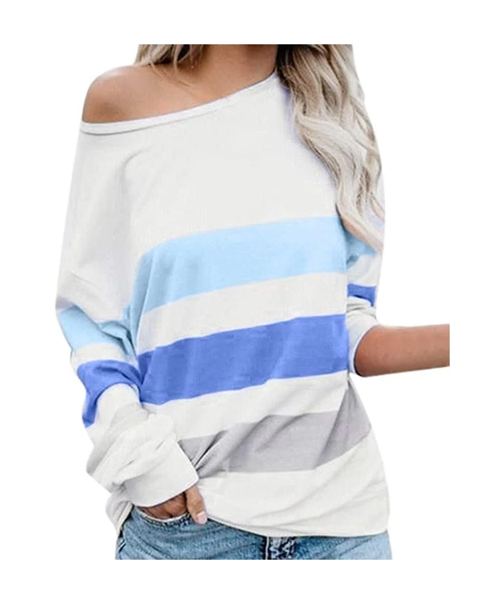 Cover-Ups Stripe Patchwork Tops for Womens Color Block Casual Long Sleeve Crewneck T Shirt Stitching Loose Blouses 1 Blue - C...