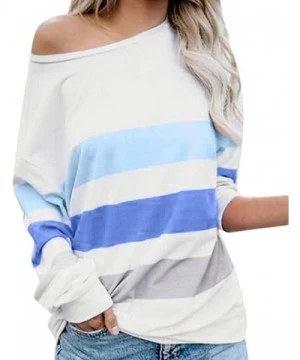 Cover-Ups Stripe Patchwork Tops for Womens Color Block Casual Long Sleeve Crewneck T Shirt Stitching Loose Blouses 1 Blue - C...