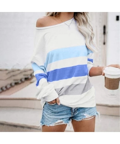 Cover-Ups Stripe Patchwork Tops for Womens Color Block Casual Long Sleeve Crewneck T Shirt Stitching Loose Blouses 1 Blue - C...