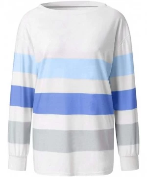 Cover-Ups Stripe Patchwork Tops for Womens Color Block Casual Long Sleeve Crewneck T Shirt Stitching Loose Blouses 1 Blue - C...