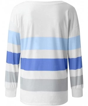 Cover-Ups Stripe Patchwork Tops for Womens Color Block Casual Long Sleeve Crewneck T Shirt Stitching Loose Blouses 1 Blue - C...