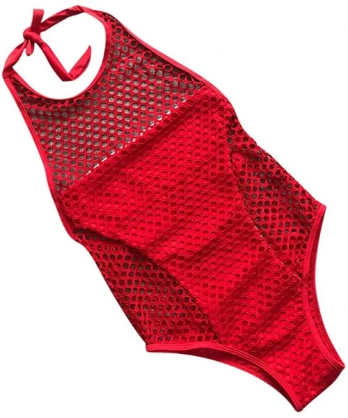 Tops Womens Sexy Bikini Round Neck Mesh Hollow Out Swimsuits One Piece Bathing Suit - Red - CM195DATLYS