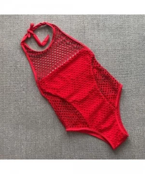 Tops Womens Sexy Bikini Round Neck Mesh Hollow Out Swimsuits One Piece Bathing Suit - Red - CM195DATLYS