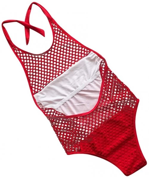 Tops Womens Sexy Bikini Round Neck Mesh Hollow Out Swimsuits One Piece Bathing Suit - Red - CM195DATLYS