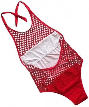 Tops Womens Sexy Bikini Round Neck Mesh Hollow Out Swimsuits One Piece Bathing Suit - Red - CM195DATLYS