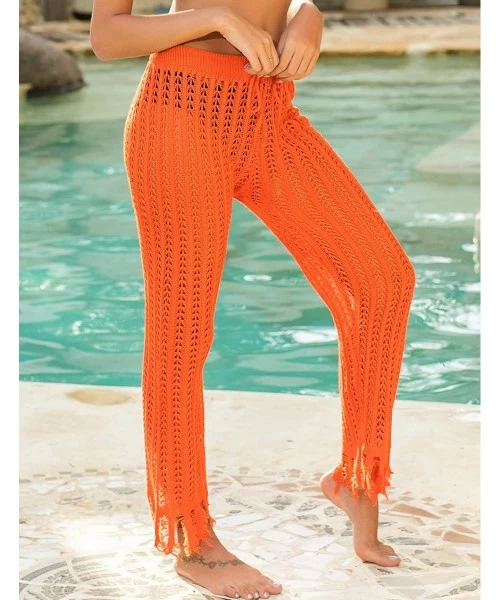 Cover-Ups Womens Sexy Hollow Out See Through Mesh Long Crochet Pants Swimsuit Cover Up Pants - A-orange - C91947H7OI7