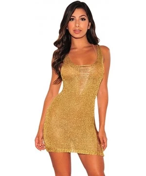 Cover-Ups Women Bikini Swimwear Cover up Shiny Hollow Sleeveless Bathing Suit Beachwear Swimsuit Mini Dress - Gold - CO18C9MX603