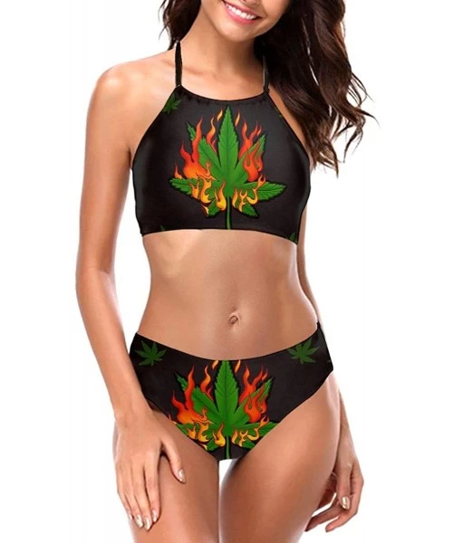 One-Pieces Swimsuits for Women High Neck Bikini Floral Print 2 Piece Sexy Blue Tie Dye - Burning Marijuana Weed Leaf Black - ...