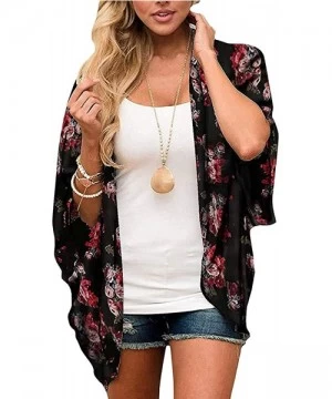 Cover-Ups Women's Kimono Cardigan Printed Tops Casual Loose Open Front Cover Up - Black - C418WYDRQA6