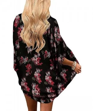 Cover-Ups Women's Kimono Cardigan Printed Tops Casual Loose Open Front Cover Up - Black - C418WYDRQA6