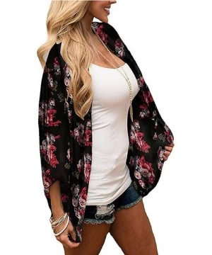 Cover-Ups Women's Kimono Cardigan Printed Tops Casual Loose Open Front Cover Up - Black - C418WYDRQA6