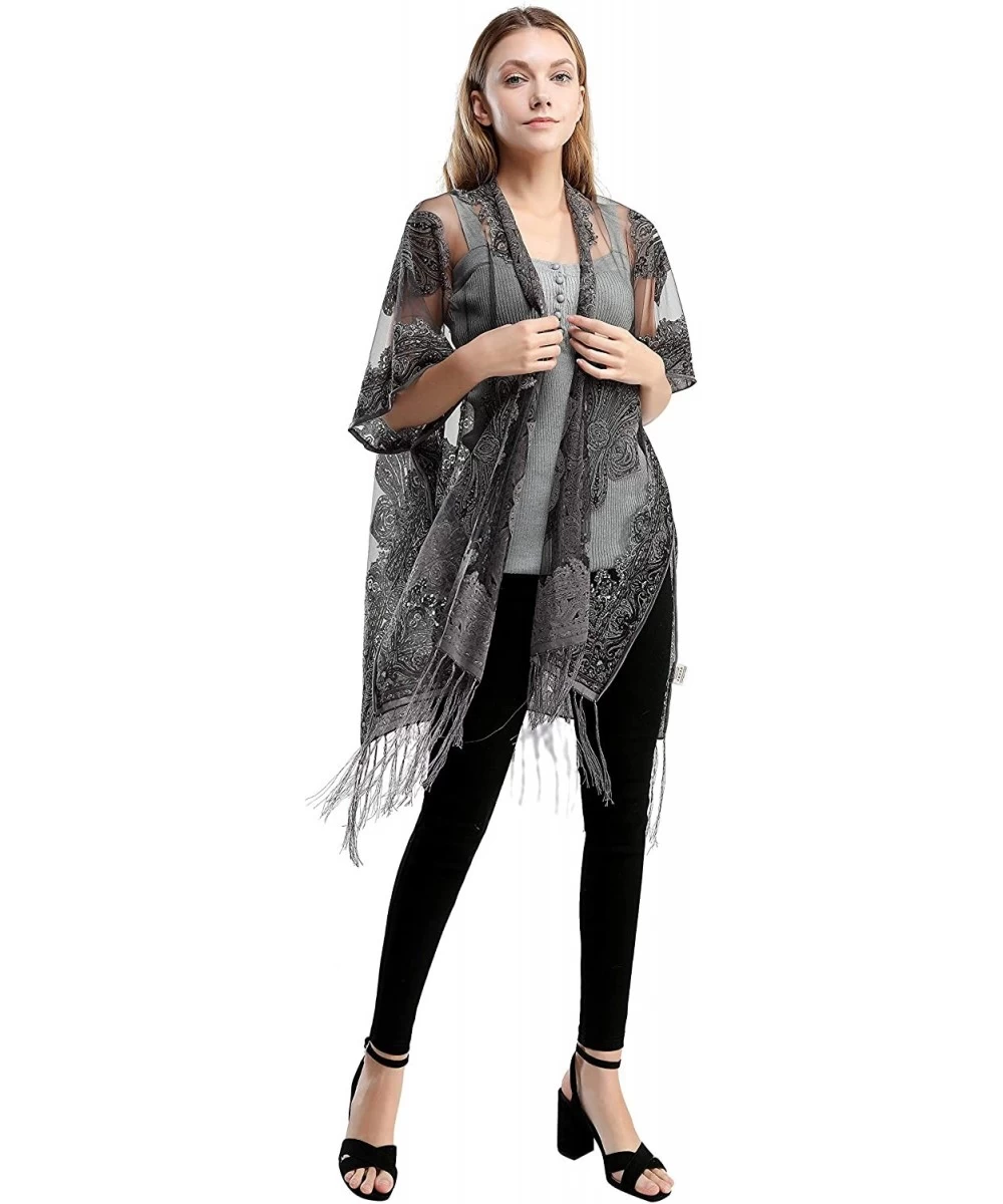 Cover-Ups Women's Sexy Embroidery Mesh Sheer Sparkle Kimono Ruana Cardigan Blouse Cover Up - Onyx - CM19CQISH5O