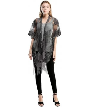 Cover-Ups Women's Sexy Embroidery Mesh Sheer Sparkle Kimono Ruana Cardigan Blouse Cover Up - Onyx - CM19CQISH5O