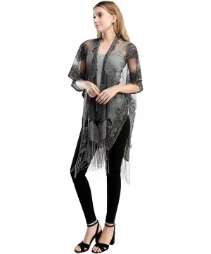 Cover-Ups Women's Sexy Embroidery Mesh Sheer Sparkle Kimono Ruana Cardigan Blouse Cover Up - Onyx - CM19CQISH5O