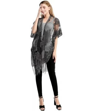 Cover-Ups Women's Sexy Embroidery Mesh Sheer Sparkle Kimono Ruana Cardigan Blouse Cover Up - Onyx - CM19CQISH5O