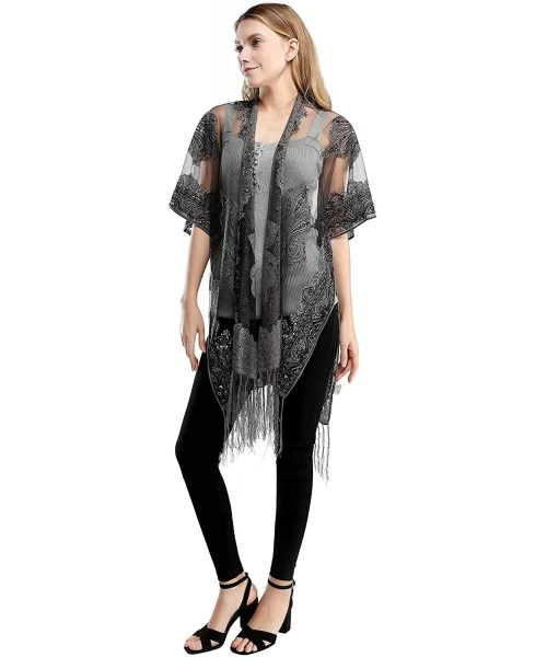 Cover-Ups Women's Sexy Embroidery Mesh Sheer Sparkle Kimono Ruana Cardigan Blouse Cover Up - Onyx - CM19CQISH5O