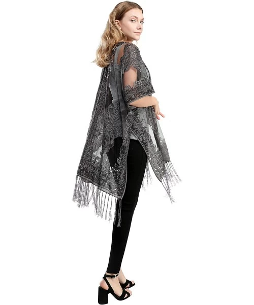 Cover-Ups Women's Sexy Embroidery Mesh Sheer Sparkle Kimono Ruana Cardigan Blouse Cover Up - Onyx - CM19CQISH5O