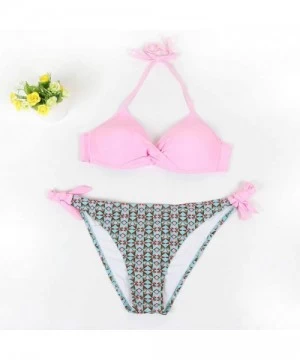 Sets Women's Sexy Padded Push Up Bikini Set Halter Bathing Suits Two Pieces Swimsuit Swimwear - Pink Sun Flower - CM18R8QRODX