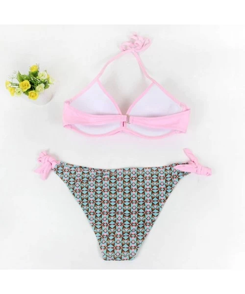 Sets Women's Sexy Padded Push Up Bikini Set Halter Bathing Suits Two Pieces Swimsuit Swimwear - Pink Sun Flower - CM18R8QRODX