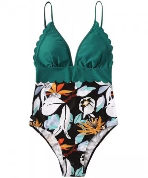 One-Pieces Women's Floral Print Scallop Edge Spaghetti Strap Monokini Bathing Suits - 1-green - CJ19324XU6K