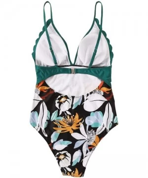 One-Pieces Women's Floral Print Scallop Edge Spaghetti Strap Monokini Bathing Suits - 1-green - CJ19324XU6K