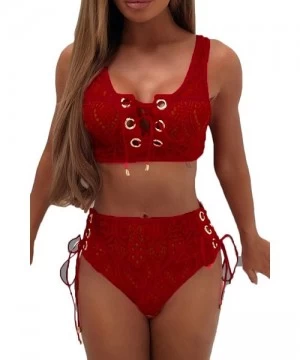 Sets Woman's Lace Up Front Tie Side Bottom 2PCS Bikini Set Lace Swimwear - Ruby - CX186W3D5AT