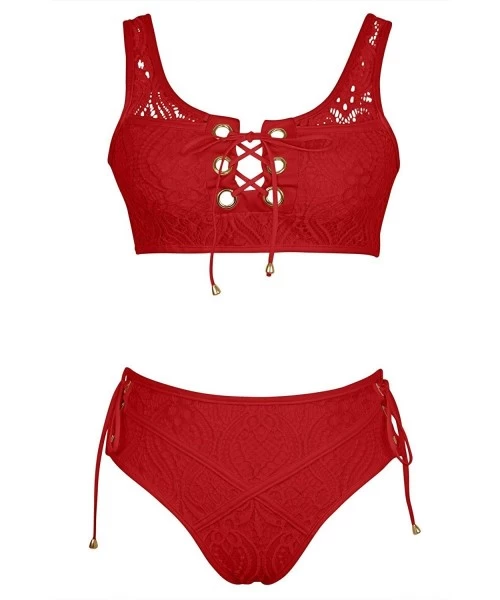 Sets Woman's Lace Up Front Tie Side Bottom 2PCS Bikini Set Lace Swimwear - Ruby - CX186W3D5AT