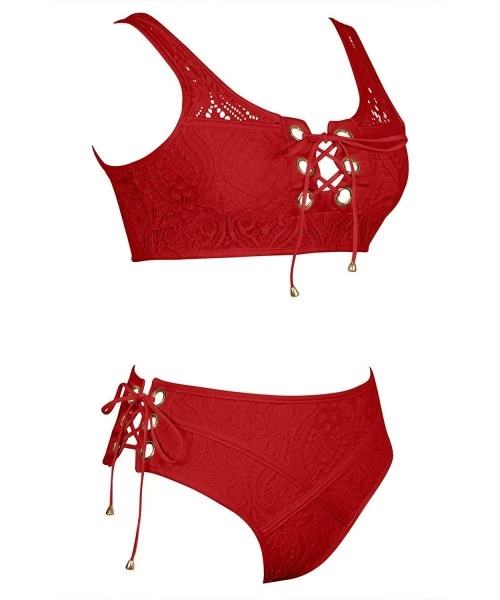 Sets Woman's Lace Up Front Tie Side Bottom 2PCS Bikini Set Lace Swimwear - Ruby - CX186W3D5AT