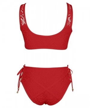 Sets Woman's Lace Up Front Tie Side Bottom 2PCS Bikini Set Lace Swimwear - Ruby - CX186W3D5AT